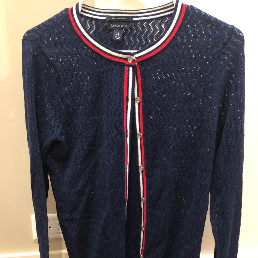 Land’s End Blue & Red Knit Cardigan